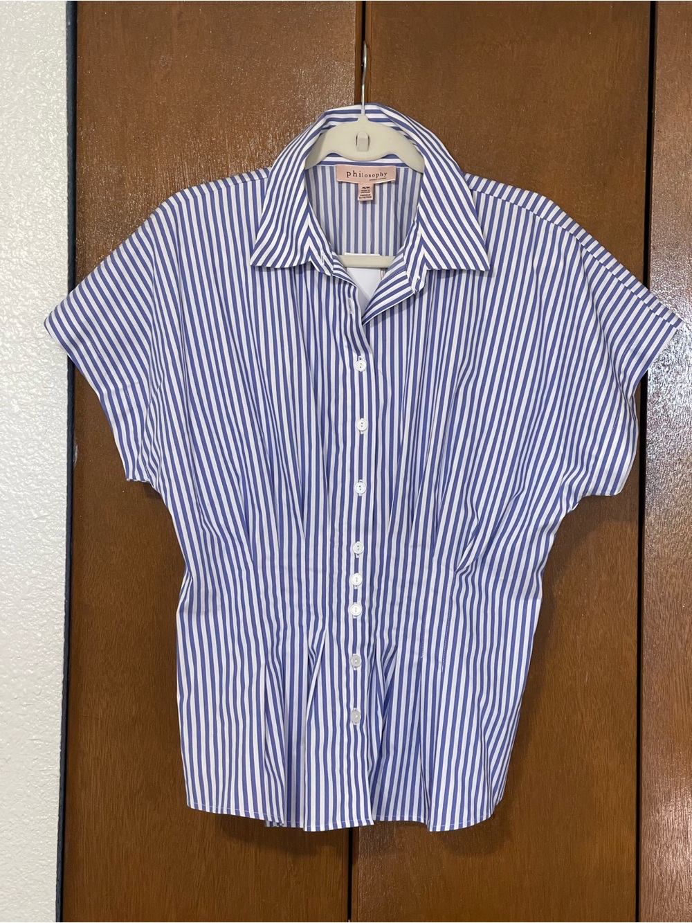 Philosophy Blue and White Stripe Pleated/ Fitted Waist, Short Sleeve. Med NWT